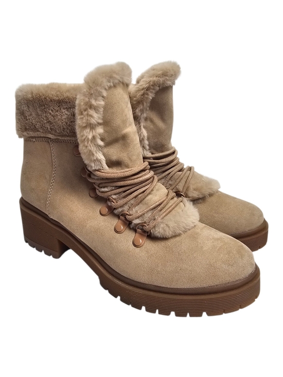 a new day Shoes - A New Day Tan Cream Soft Faux Fur Shearling Trim Lug Ankle Boots NWT Size 8